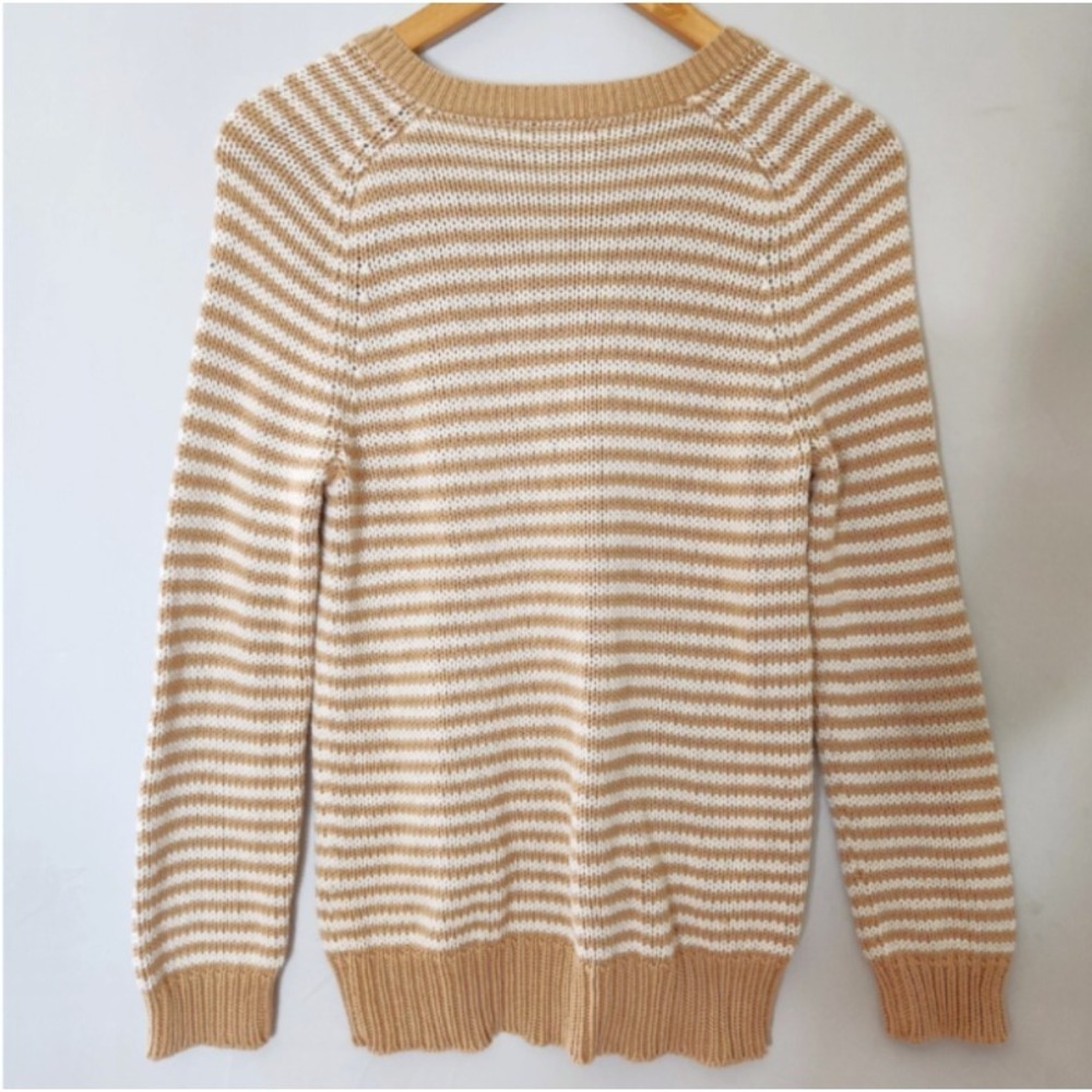 J Crew Striped V-Neck Sweater Women's Size Small 100% Cotton Beige 75101 - Picture 3 of 4